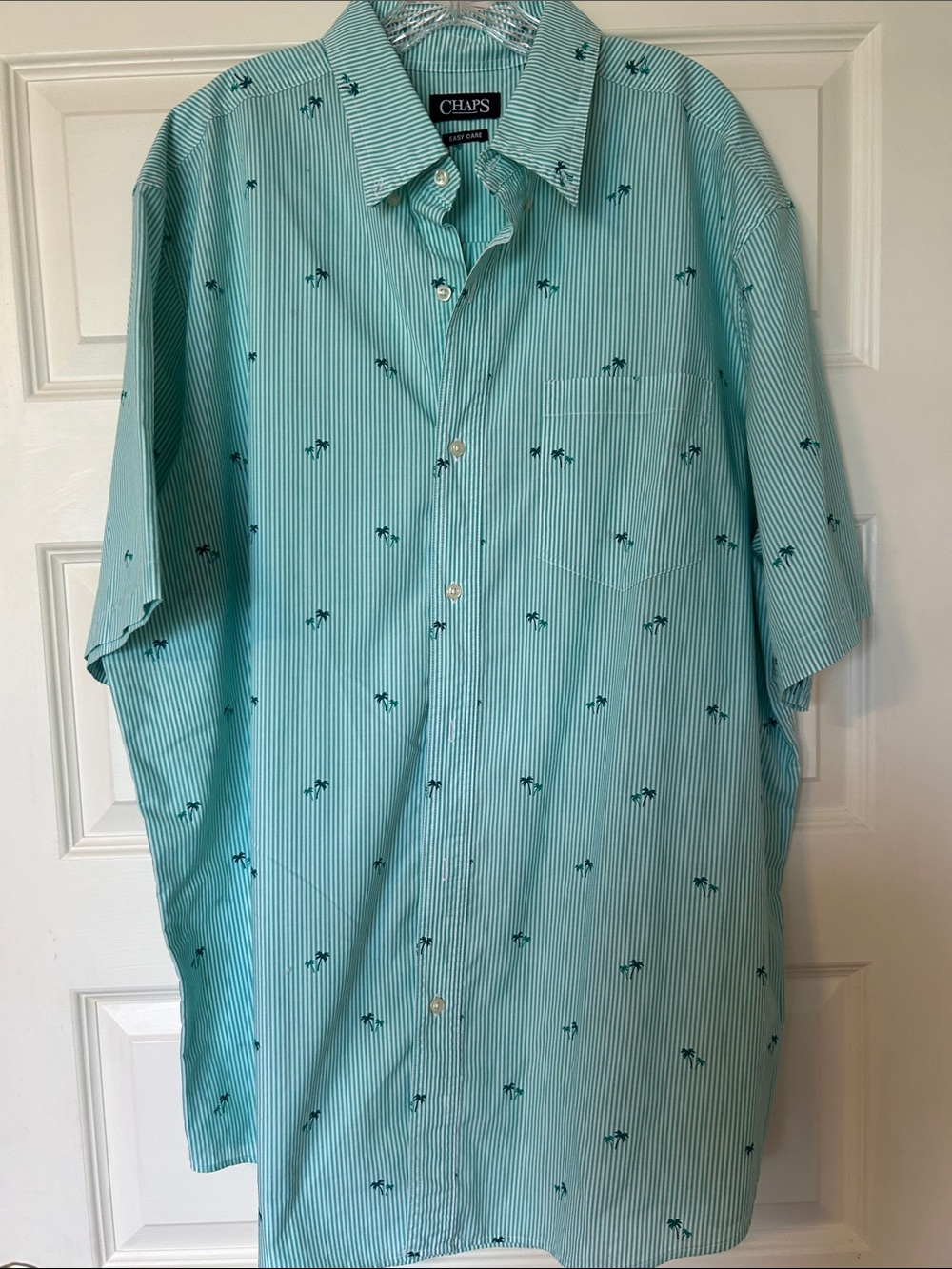 Chaps Teal Striped Short-Sleeve Button-Up with Palm Motif